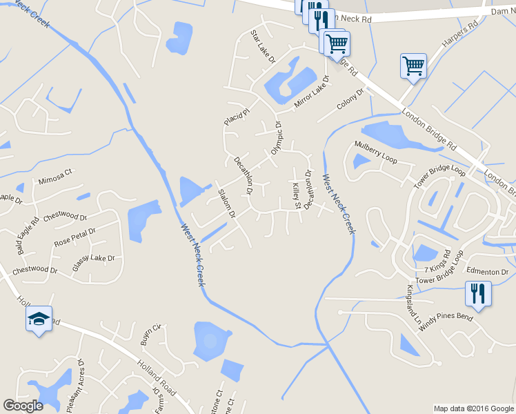 map of restaurants, bars, coffee shops, grocery stores, and more near 2029 Decathlon Drive in Virginia Beach