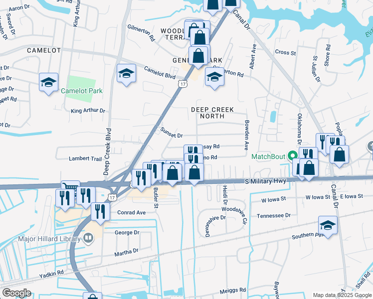map of restaurants, bars, coffee shops, grocery stores, and more near 2505 Livesay Road in Chesapeake