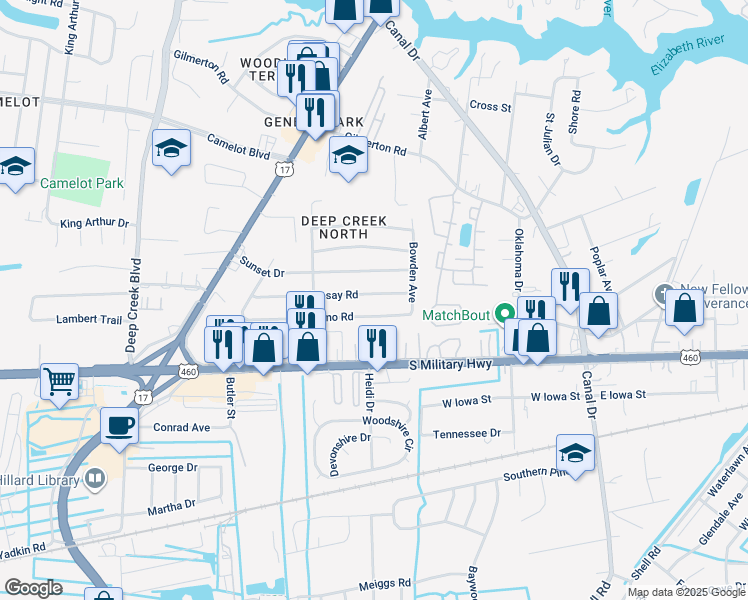 map of restaurants, bars, coffee shops, grocery stores, and more near 2413 Livesay Road in Chesapeake