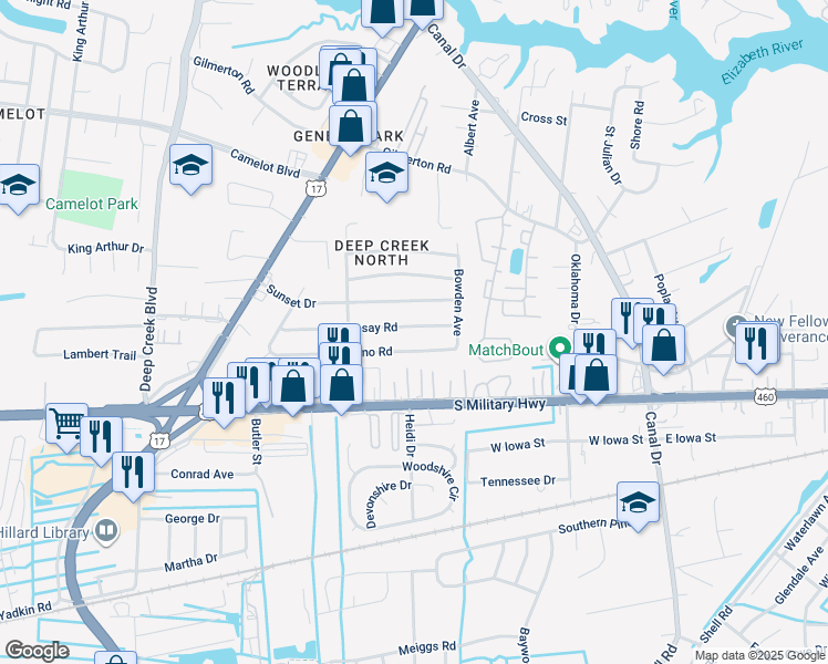 map of restaurants, bars, coffee shops, grocery stores, and more near 2413 Livesay Road in Chesapeake