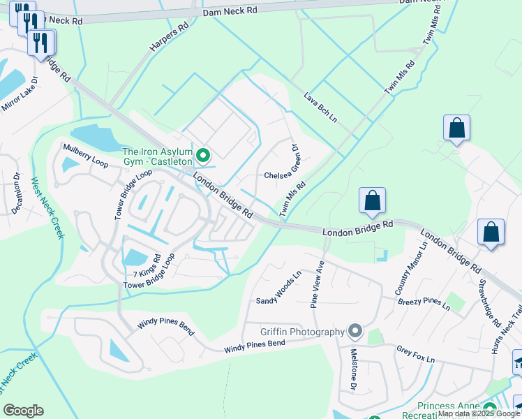 map of restaurants, bars, coffee shops, grocery stores, and more near 1905 Tweedsmuir Ct in Virginia Beach