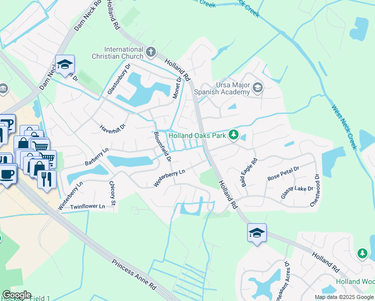 map of restaurants, bars, coffee shops, grocery stores, and more near 2020 Millbrook Court in Virginia Beach