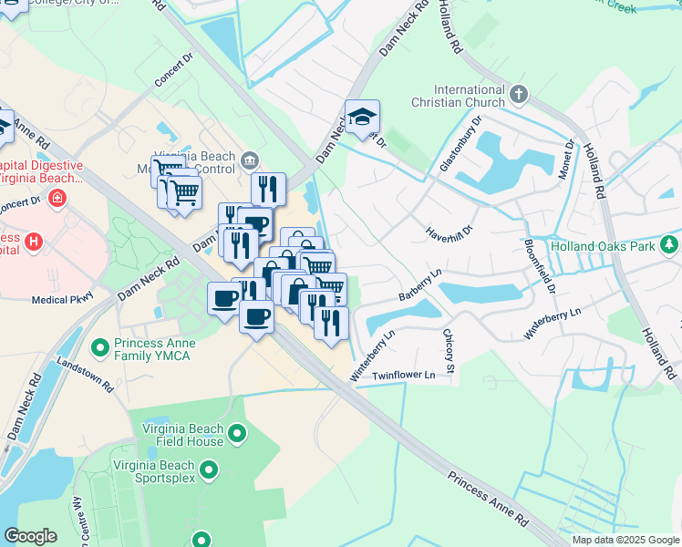 map of restaurants, bars, coffee shops, grocery stores, and more near 1905 Nettle Street in Virginia Beach