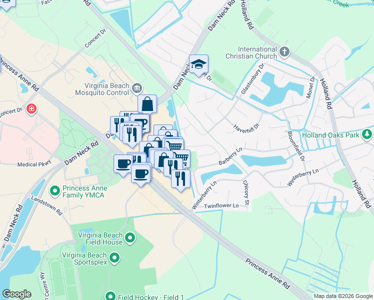 map of restaurants, bars, coffee shops, grocery stores, and more near 1905 Nettle Street in Virginia Beach