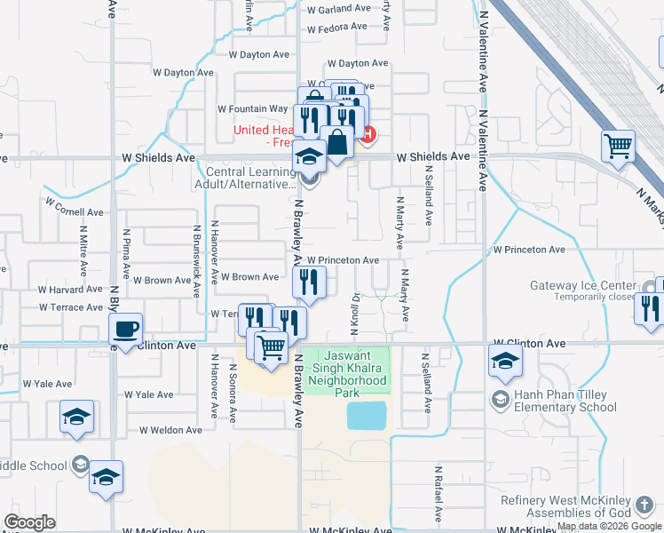 map of restaurants, bars, coffee shops, grocery stores, and more near 2660 North Brawley Avenue in Fresno