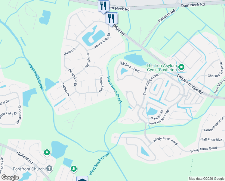 map of restaurants, bars, coffee shops, grocery stores, and more near 1900 Breezy Point Circle in Virginia Beach