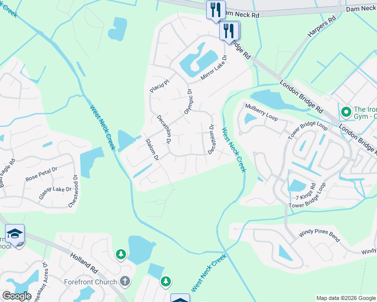 map of restaurants, bars, coffee shops, grocery stores, and more near 1900 McCauley Court in Virginia Beach