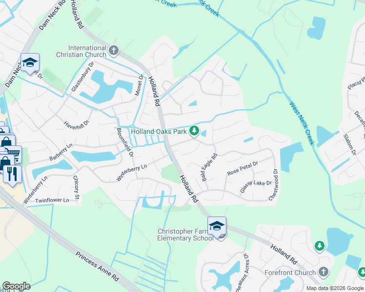 map of restaurants, bars, coffee shops, grocery stores, and more near 2974 Sugar Maple Drive in Virginia Beach