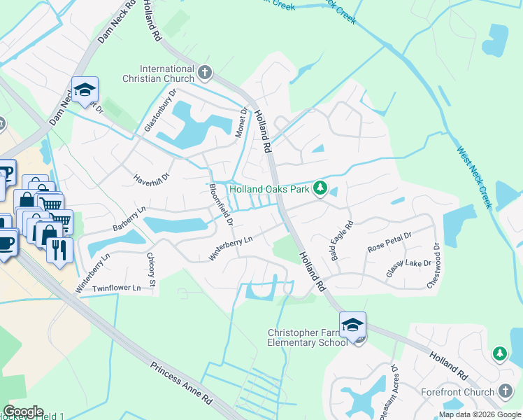map of restaurants, bars, coffee shops, grocery stores, and more near 1900 Millbrook Court in Virginia Beach