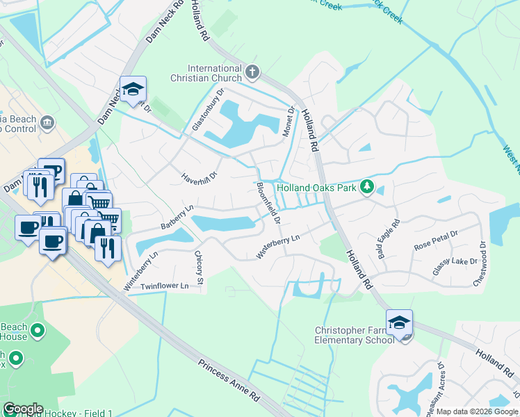 map of restaurants, bars, coffee shops, grocery stores, and more near 3105 Hickorywood Court in Virginia Beach
