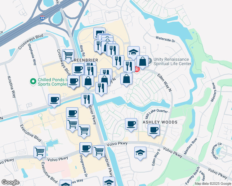 map of restaurants, bars, coffee shops, grocery stores, and more near 1105 Merchants Court in Chesapeake