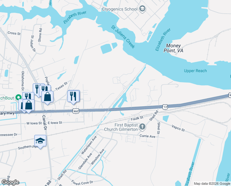 map of restaurants, bars, coffee shops, grocery stores, and more near 940 Willis Street in Chesapeake
