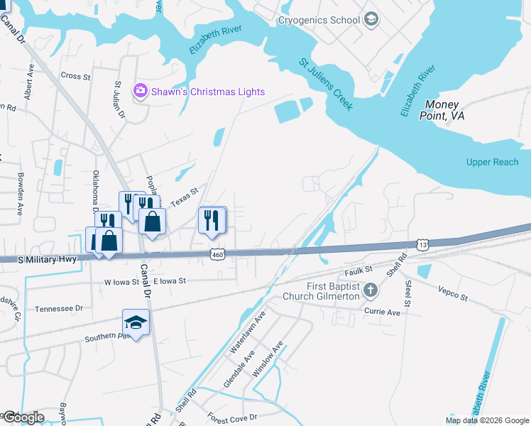 map of restaurants, bars, coffee shops, grocery stores, and more near 937 State Street in Chesapeake