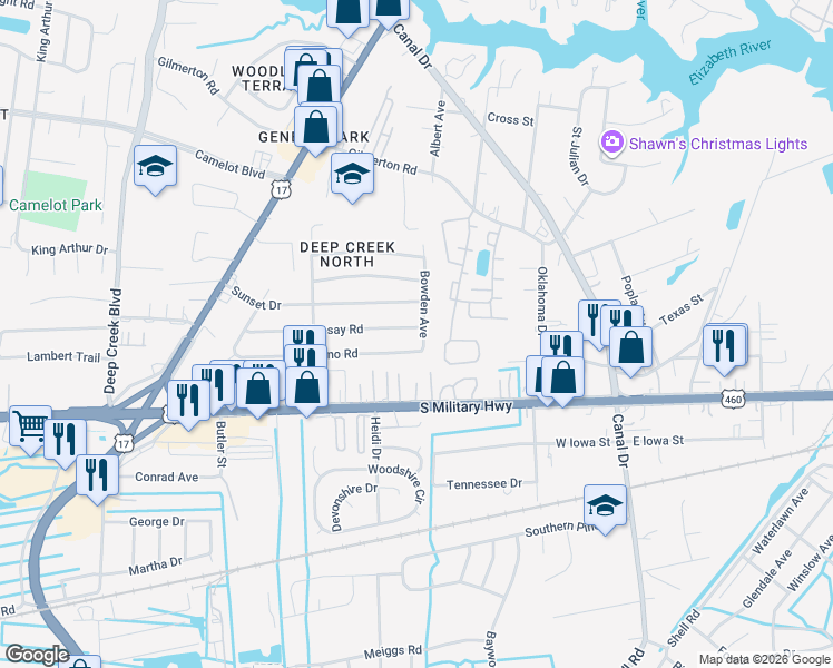 map of restaurants, bars, coffee shops, grocery stores, and more near 914 Bowden Avenue in Chesapeake