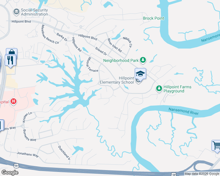 map of restaurants, bars, coffee shops, grocery stores, and more near 103 Avery Court in Suffolk
