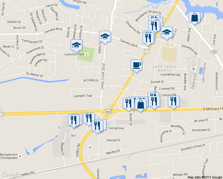 map of restaurants, bars, coffee shops, grocery stores, and more near 925 Deep Branch Way in Chesapeake