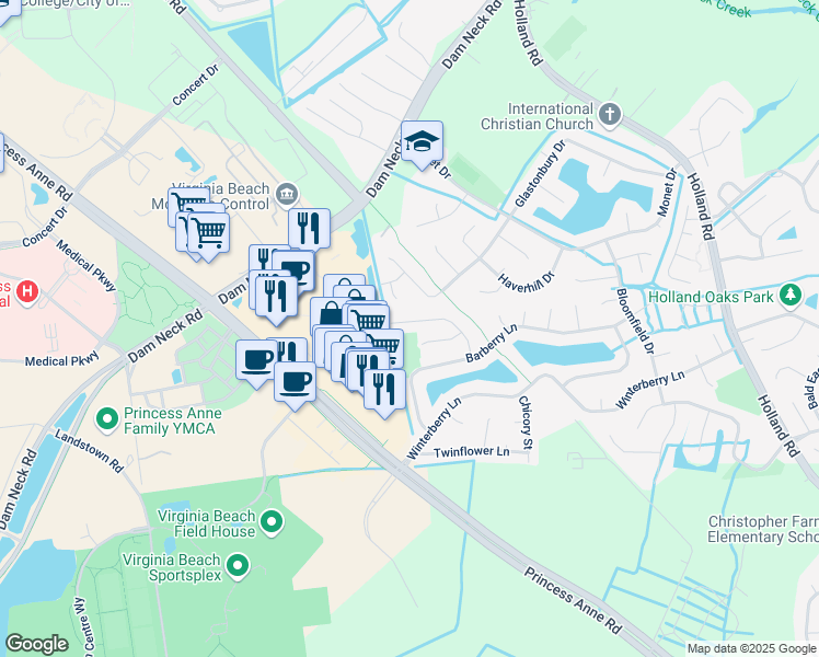 map of restaurants, bars, coffee shops, grocery stores, and more near 1917 Nettle Street in Virginia Beach