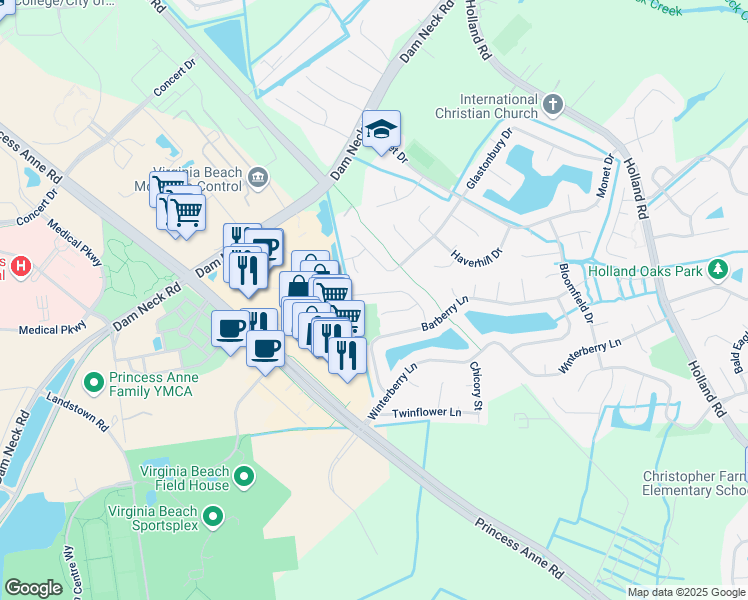 map of restaurants, bars, coffee shops, grocery stores, and more near 1921 Nettle Street in Virginia Beach