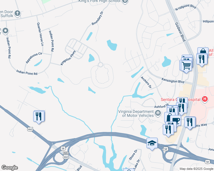 map of restaurants, bars, coffee shops, grocery stores, and more near 5061 Kings Grant Circle in Suffolk