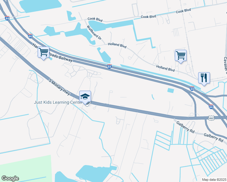 map of restaurants, bars, coffee shops, grocery stores, and more near 3945 South Military Highway in Chesapeake