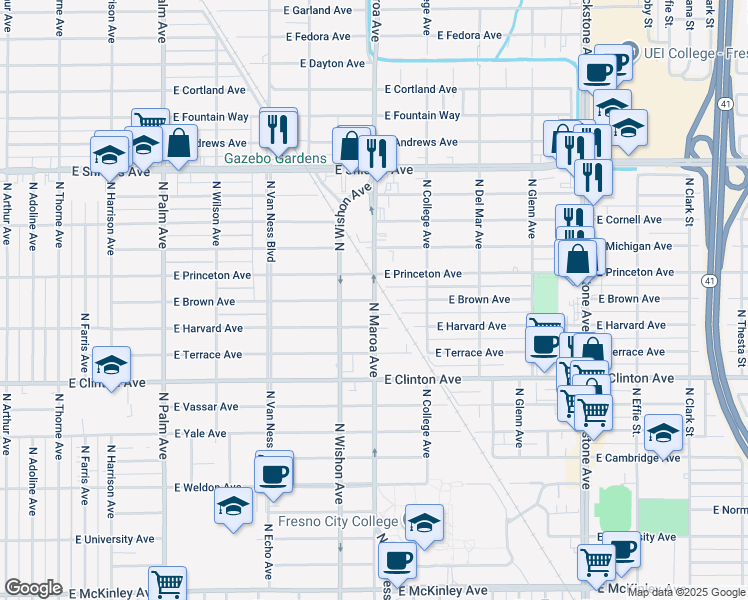 map of restaurants, bars, coffee shops, grocery stores, and more near N Maroa Ave & E Brown Ave in Fresno