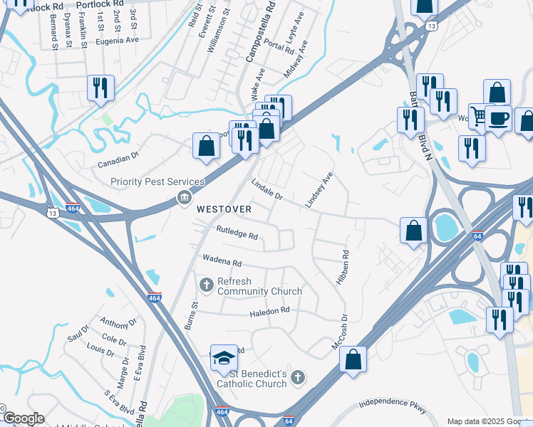 map of restaurants, bars, coffee shops, grocery stores, and more near 108 Howard Road in Chesapeake