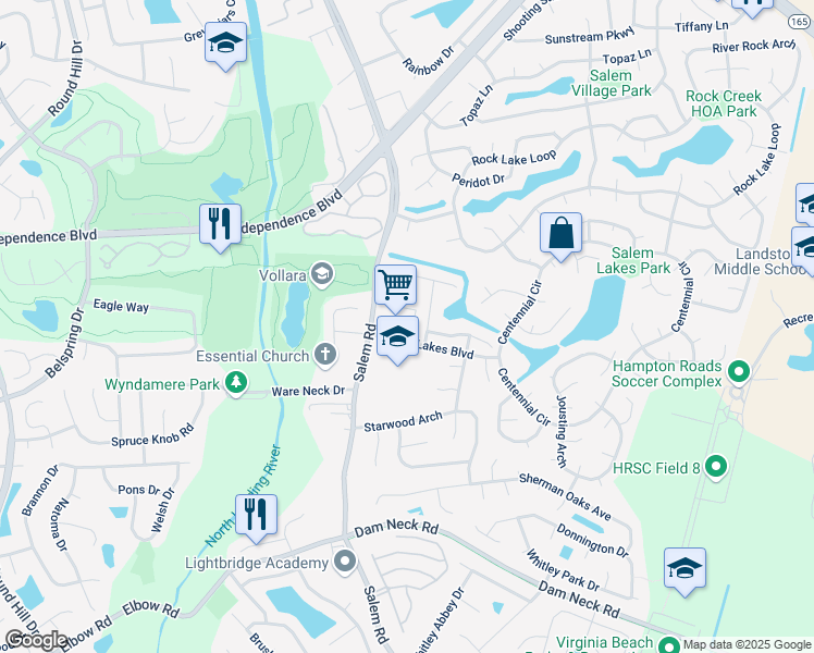 map of restaurants, bars, coffee shops, grocery stores, and more near 3960 Salem Lakes Boulevard in Virginia Beach