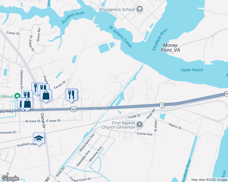 map of restaurants, bars, coffee shops, grocery stores, and more near 940 Willis Street in Chesapeake