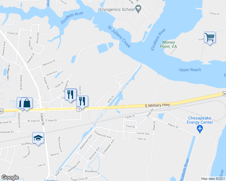 map of restaurants, bars, coffee shops, grocery stores, and more near 940 Willis Street in Chesapeake