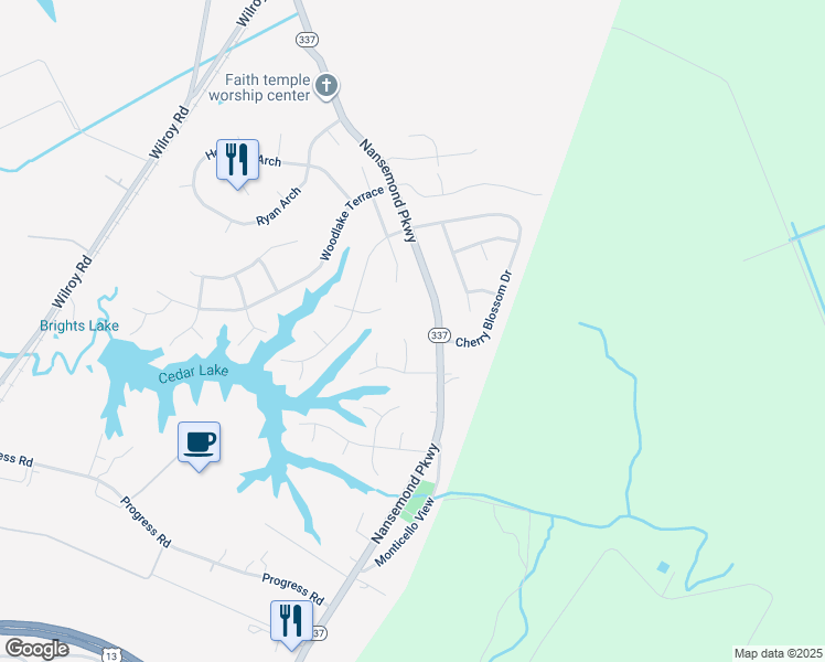 map of restaurants, bars, coffee shops, grocery stores, and more near 2004 Timberlake Drive in Suffolk