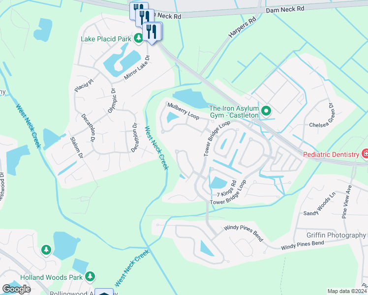 map of restaurants, bars, coffee shops, grocery stores, and more near 2576 Penshurst Way in Virginia Beach