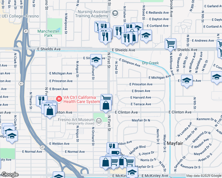 map of restaurants, bars, coffee shops, grocery stores, and more near 2743 North 2nd Street in Fresno