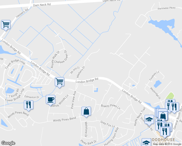 map of restaurants, bars, coffee shops, grocery stores, and more near 2274 London Bridge Road in Virginia Beach