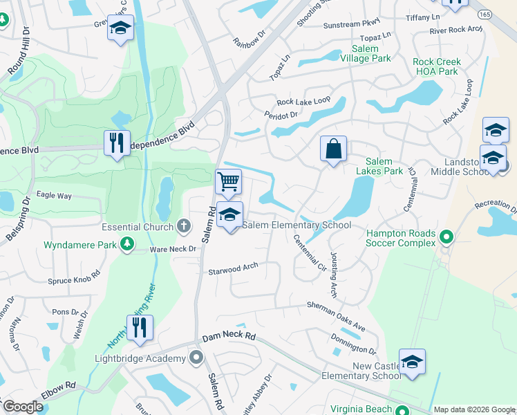 map of restaurants, bars, coffee shops, grocery stores, and more near 3901 Morning Light Lane in Virginia Beach