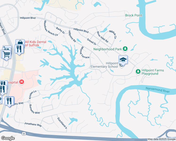 map of restaurants, bars, coffee shops, grocery stores, and more near 120 Lakes Edge in Suffolk