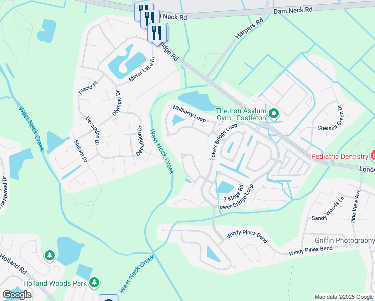 map of restaurants, bars, coffee shops, grocery stores, and more near 2580 Penshurst Way in Virginia Beach