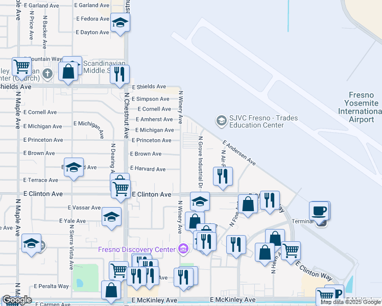 map of restaurants, bars, coffee shops, grocery stores, and more near 4895 East Brown Avenue in Fresno