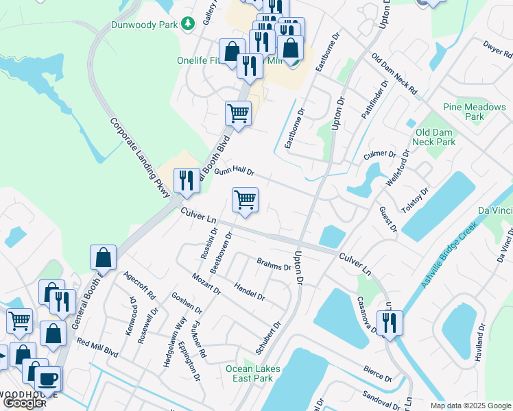 map of restaurants, bars, coffee shops, grocery stores, and more near 1813 Castleton Court in Virginia Beach