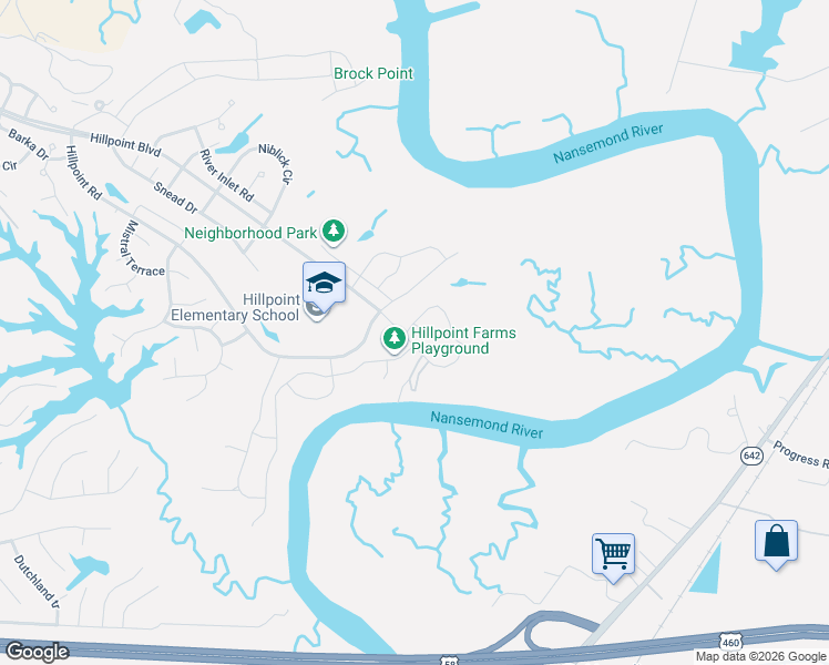 map of restaurants, bars, coffee shops, grocery stores, and more near 101 Sandcastle Circle in Suffolk