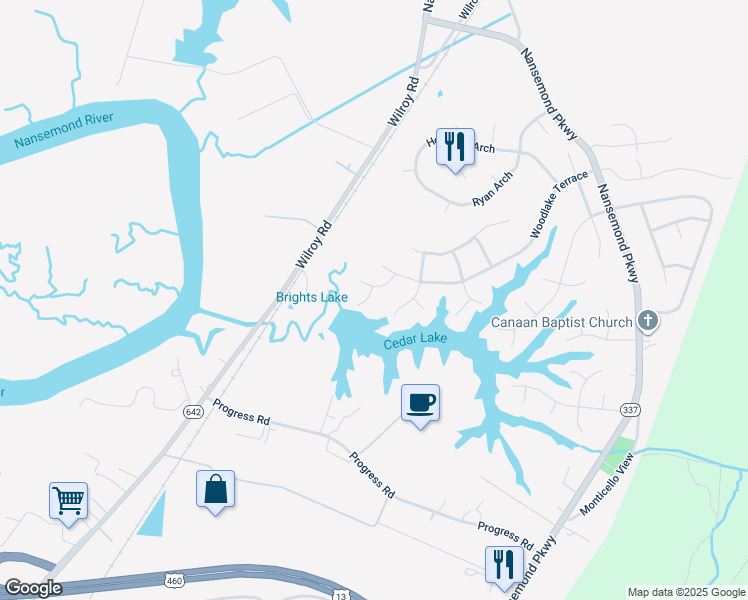 map of restaurants, bars, coffee shops, grocery stores, and more near 403 Haverhill Court in Suffolk
