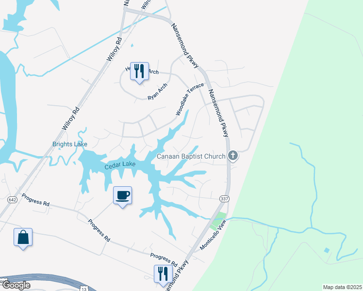 map of restaurants, bars, coffee shops, grocery stores, and more near 126 Hillside Avenue in Suffolk