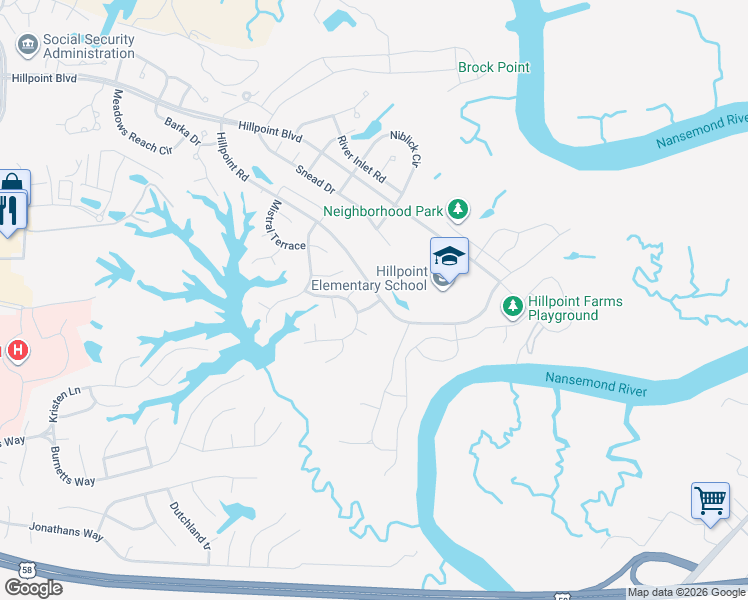 map of restaurants, bars, coffee shops, grocery stores, and more near 100 Bogie Drive in Suffolk