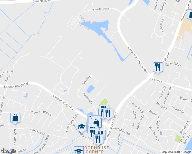 map of restaurants, bars, coffee shops, grocery stores, and more near 1840 Finsbury Lane in Virginia Beach