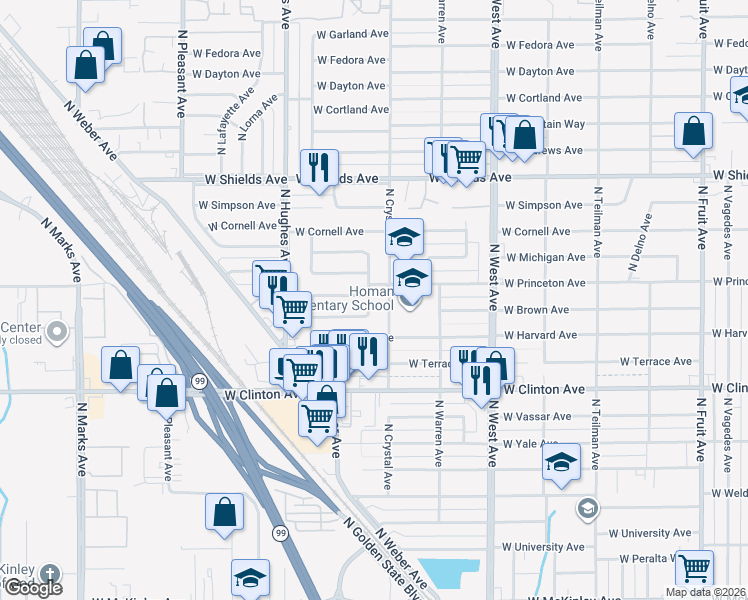 map of restaurants, bars, coffee shops, grocery stores, and more near 1806 West Homan Avenue in Fresno