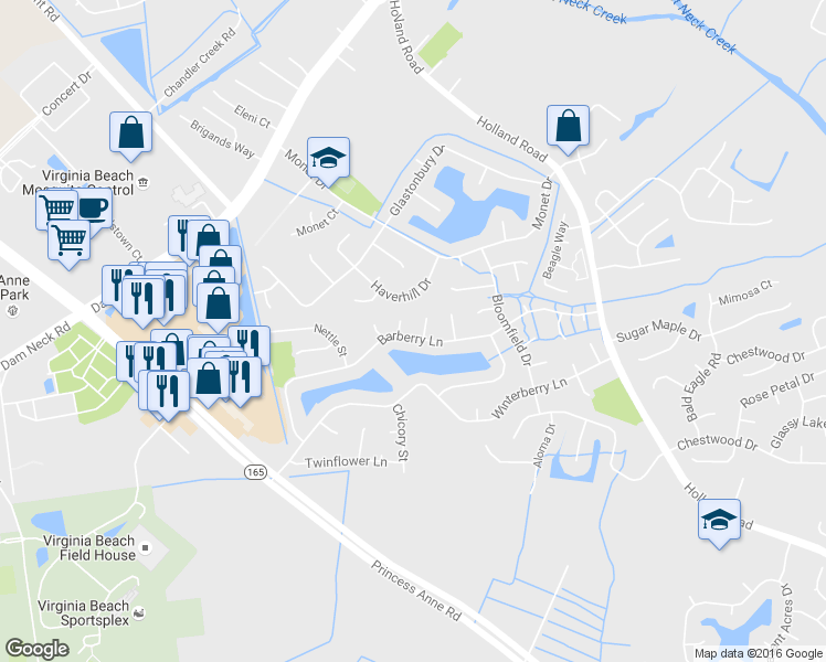 map of restaurants, bars, coffee shops, grocery stores, and more near 3132 Barberry Lane in Virginia Beach