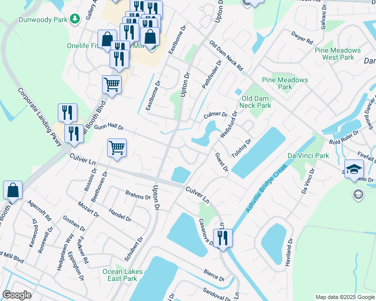 map of restaurants, bars, coffee shops, grocery stores, and more near 1033 Blairmore Drive in Virginia Beach