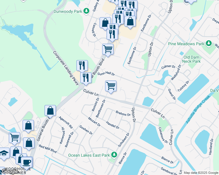 map of restaurants, bars, coffee shops, grocery stores, and more near 1813 Castleton Court in Virginia Beach