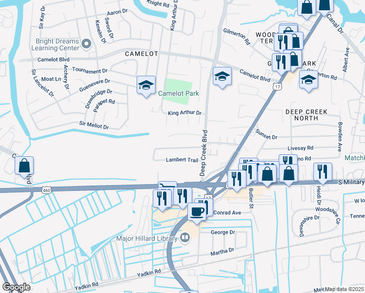 map of restaurants, bars, coffee shops, grocery stores, and more near 2849 Lambert Trail in Chesapeake
