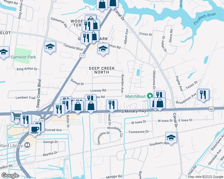 map of restaurants, bars, coffee shops, grocery stores, and more near 2410 Livesay Road in Chesapeake