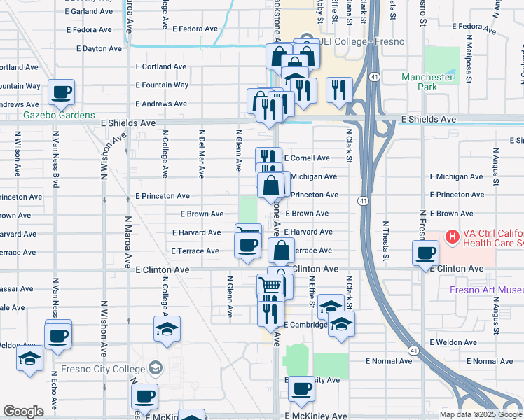 map of restaurants, bars, coffee shops, grocery stores, and more near 2735 North Blackstone Avenue in Fresno